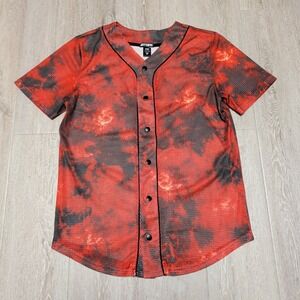 Hot Topic Baseball Jersey Mens Small Red Black Excellent Tie Dye Mesh Button Up